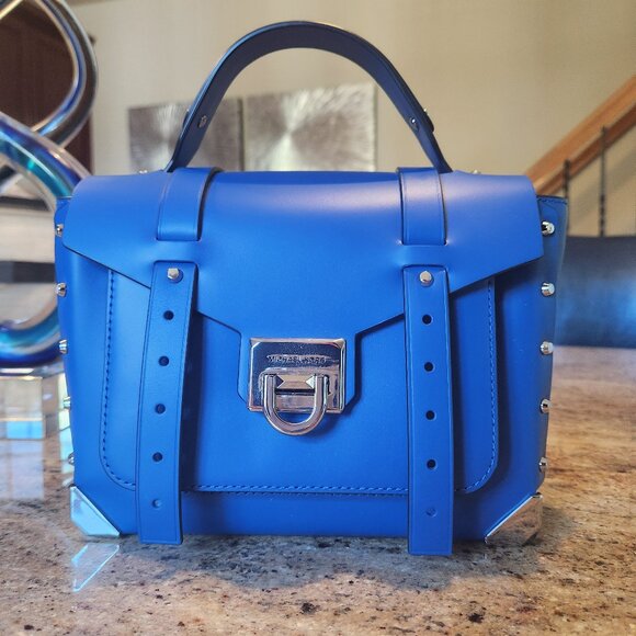 Michael Kors Manhattan Blue Leather Satchel Crossbody Medium Size - Picture 1 of 15